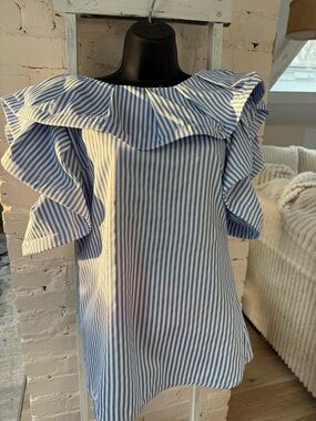 Garcia Blue & White Striped Off-Shoulder/on shoulder Ruffle structured blouse